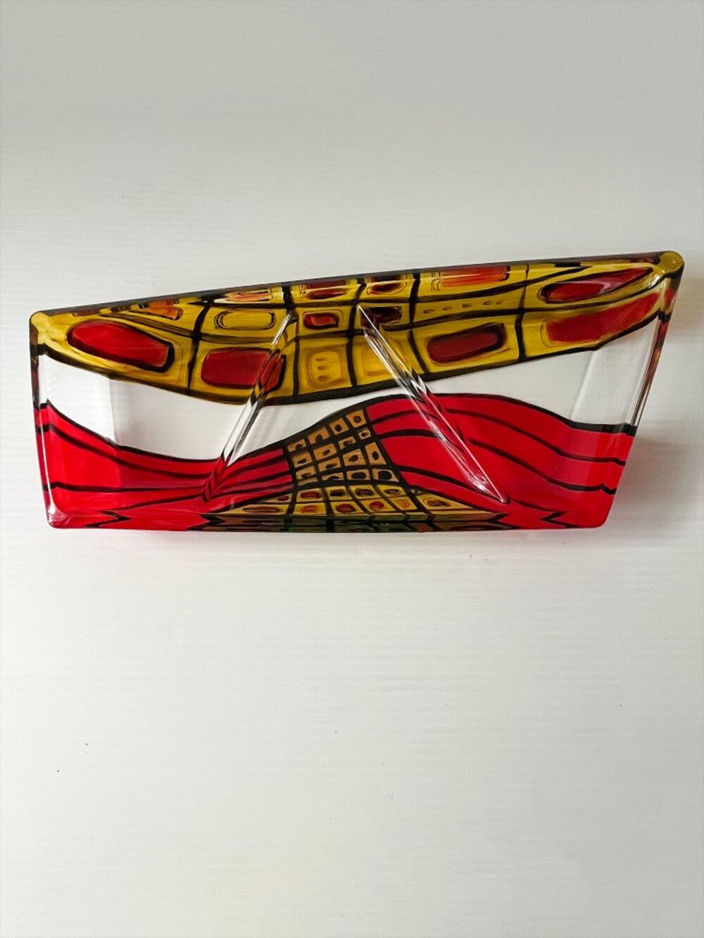 Studio Art Glass Centerpiece Vessel Abstract Geometric Red Gold Black Signed